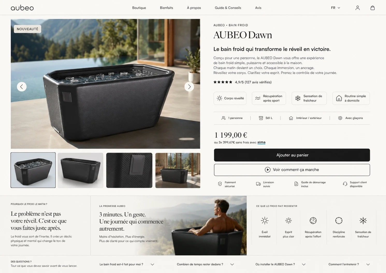 Capture originale de la page produit AUBEO Dawn, avec vues du produit et présentation