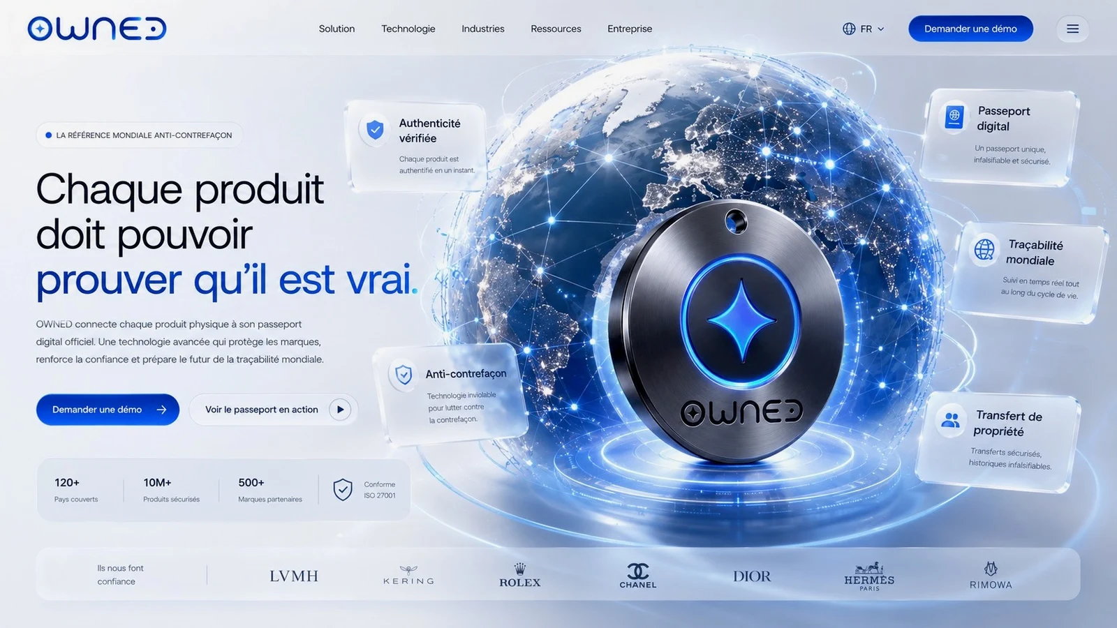 Composition web de concept OWNED : Chaque produit doit pouvoir prouver qu’il est vrai, avec badge et globe au centre.